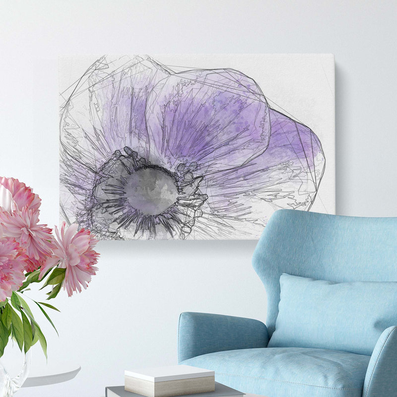 Purple Anemone Flower in Abstract - Wrapped Canvas Drawing - Wrapped Canvas, 40cm H x 60cm W x 3cm D
