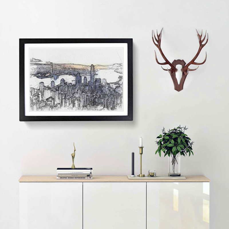 Hong Kong Skyline in China in Abstract - Picture Frame Graphic Art Print, 62cm H x 87cm W x 2cm D, Black Framed