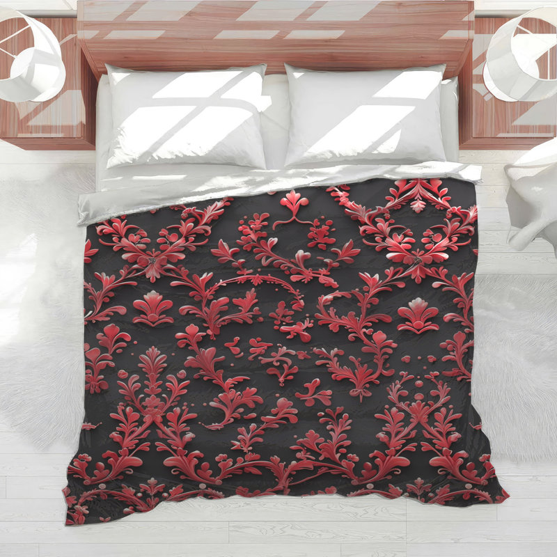 Édredon damassé à motif floral rouge, Twin