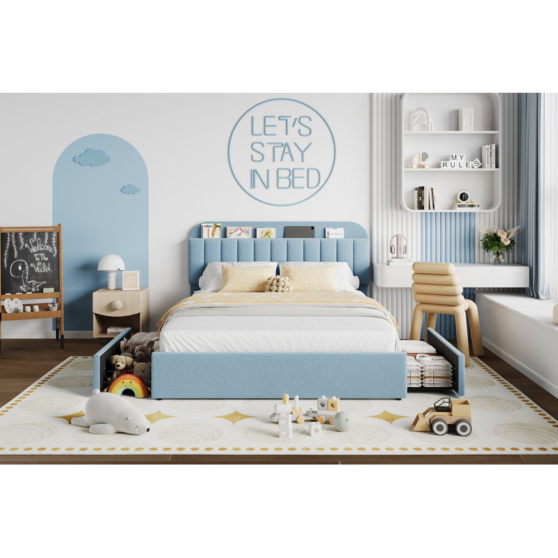 Bed Frame with 2 Storage Drawers, Kids Bedframe with Storage Headboard, Upholstered Bed Frame, Blue, Full