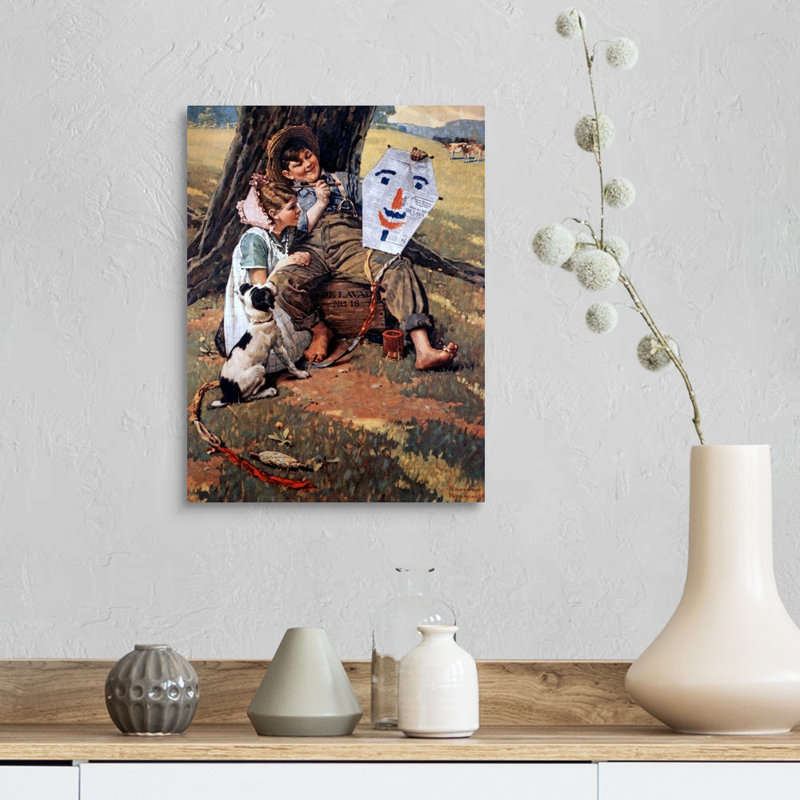 "Norman Rockwell Farm Boy and Girl Sitting On Crate", art mural sur toile, H 16 po x l 12 po x P 1,25 po, Toile tendue