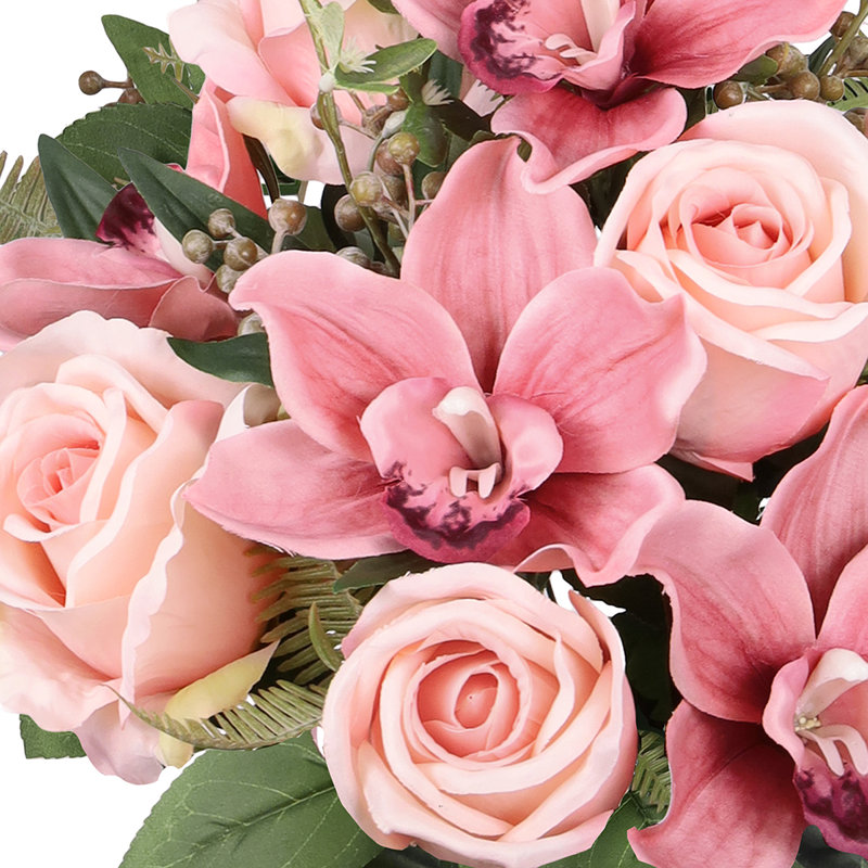 Artificial Mixed Rose Cymbidium Orchid Flower Stem Bush Bouquet, Rose Pink