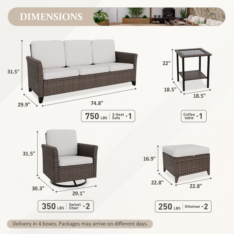 Ensemble de 6 sièges à assise pivotante 6 pièces pour ensemble de conversation en rotin multicolore avec coussins, Beige