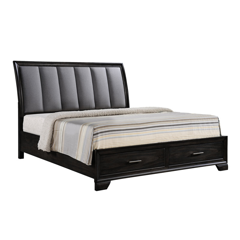 Lit Queen capitonné Ultra avec rangement, design contemporain, finition grise, bois massif, tête de lit à extension complète en métal et tiroirs de rangement, dossier français-anglais