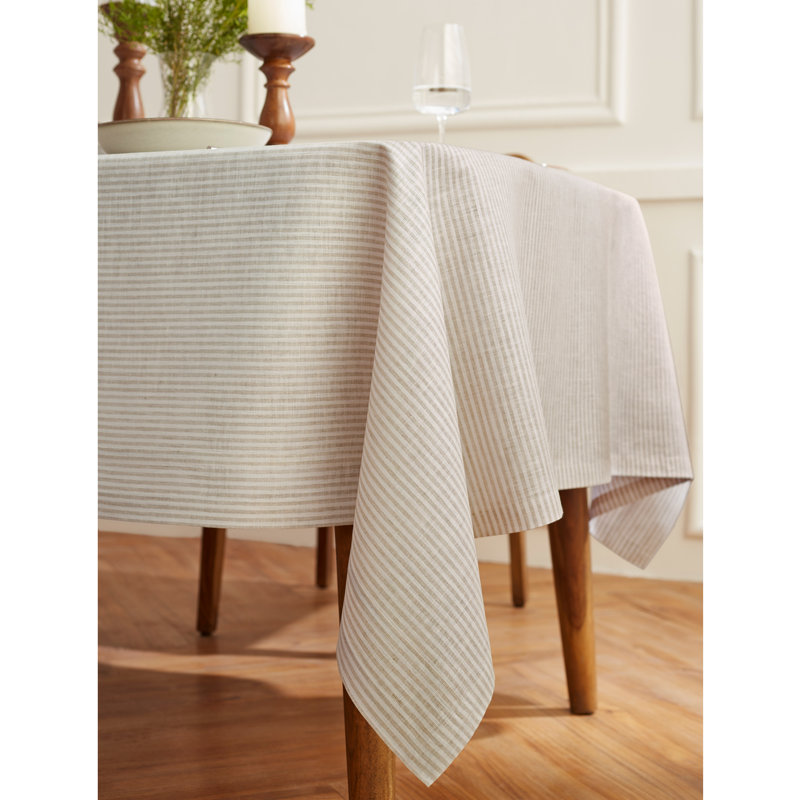 Narrow Stripe - 100% Pure Linen Tablecloth, 90" L x 60" W, Natural/White