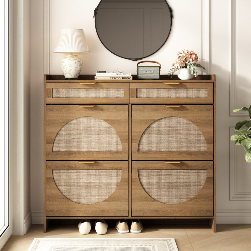 Anteus 24 Pair Arch Rattan Shoe Storage Cabinet with 4 Flip Drawers 2 Storage Shelves, Natural Wood