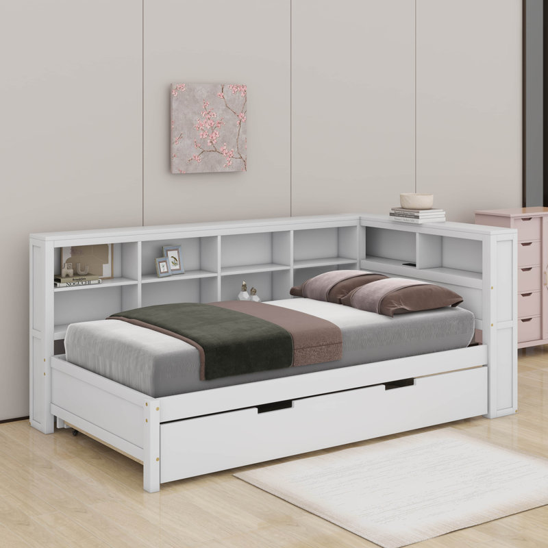 Wooden Daybed With Trundle, Daybed With Storage Shelf And USB Charging Ports, Twin, White