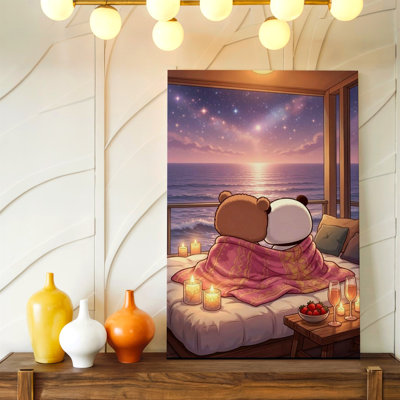 Romantic Teddy Bear Ocean Sunset Bedroom Print Cute Cozy Night Decor Canvas Wall Art Print, Decorative Home Accent, Bedroom, Guest Room and Dorm Decor, Gallery Wall Artwork