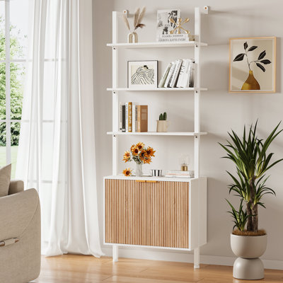 74" Tall Bookshelf With Storage Cabinet, Modern Ladder Bookcase With Wood & Metal Frame, Wall Mount Display Shelf For Living Room, Bedroom, Home Office