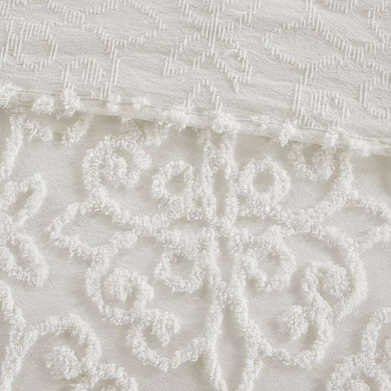 Auturo Tufted 100% Cotton Sateen Coverlet Set in Farmhouse Style, King/California King Coverlet + 2 King Shams, White