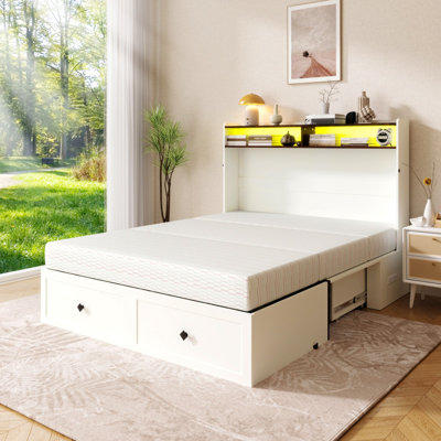 Lit escamotable double avec matelas, éclairage DEL et rangement – Lit mural gain de place, blanc style campagnard