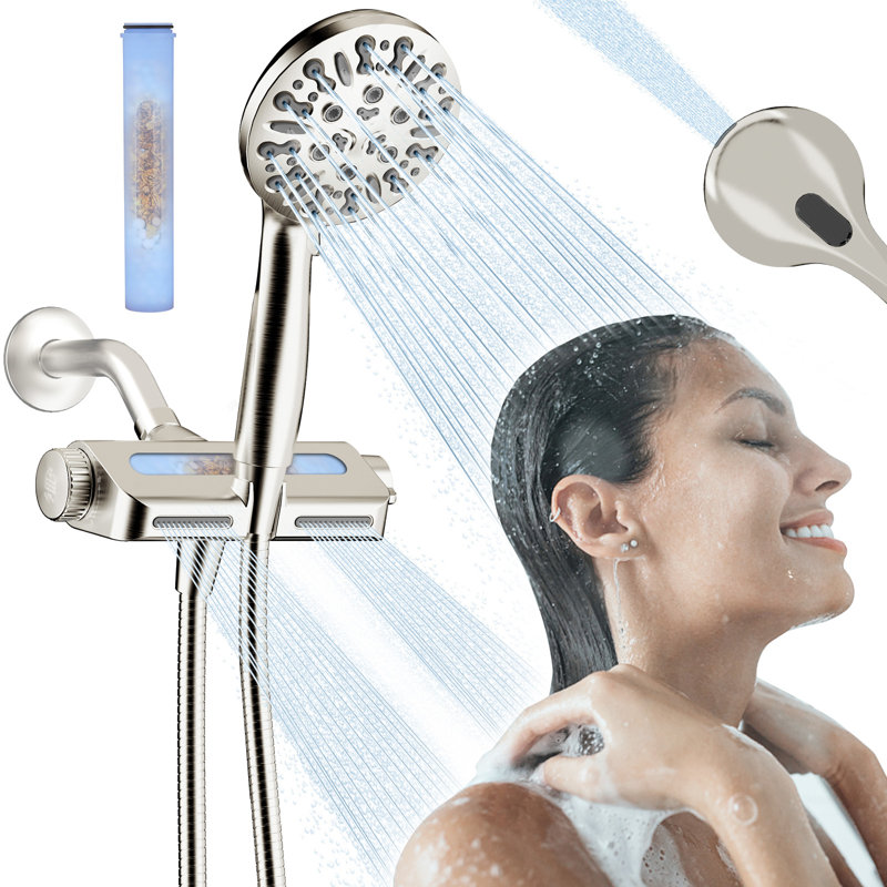 Pomme de douche à double filtre filtrée en nickel brossé à 9 réglages avec boyau extra long 79 po, Nickel brossé