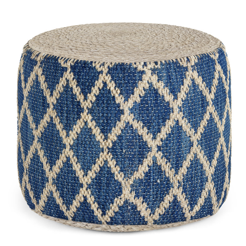 Edgeley 18"W Handwoven Jute and Cotton Boho Round Pouf in Classic Blue and Natural, Classic Blue/Natural