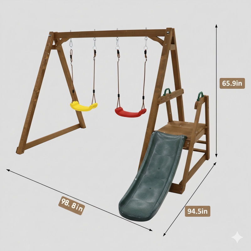Wooden Backyard Swing Set, 2-In-1 Outdoor Playset With Slide And Climbing Rope Ladder For Children