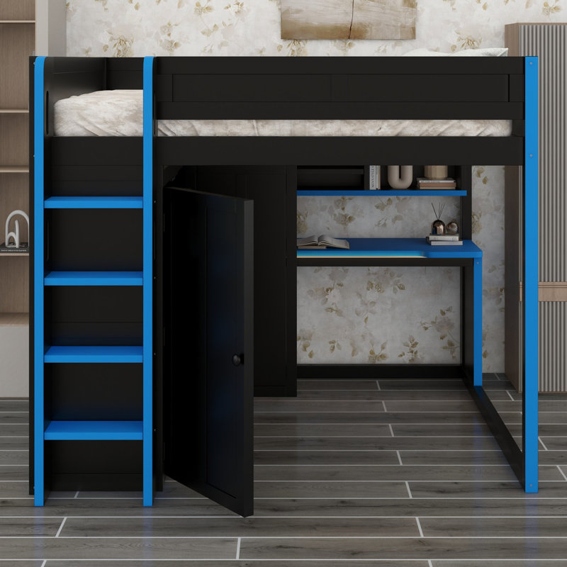 Lit mezzanine avec armoire intégrée, bureau, éclairage sous le bureau et étagères de rangement sous le bureau, Noir + bleu