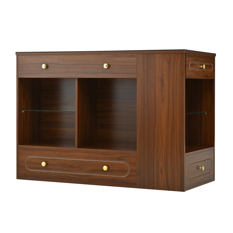Îlot de placard avec 6 tiroirs, comptoir en verre, tablettes ouvertes, meuble-lavabo à bijoux pour garde-robe, Noyer