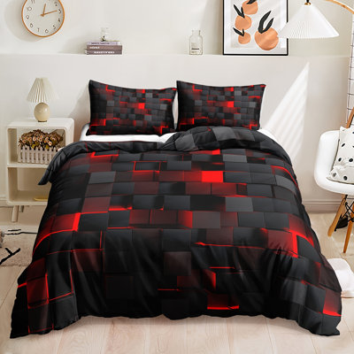 Fivdnry 3 Piece Duvet Cover Set, Modern Red Black Geometric Grid Digital Print Bedding Set, Soft Microfiber For Bedroom