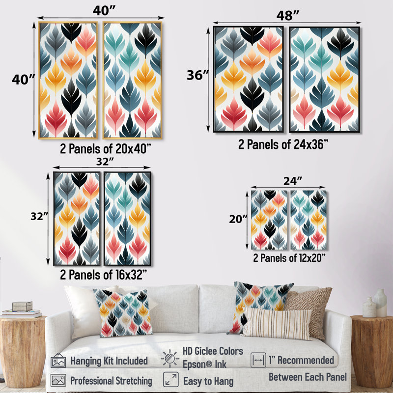 Botanical Scandinavian Shapes - Art mural en toile bleue, 2 pièces, 20" H x 24" W, Black, Impression encadrée flottante