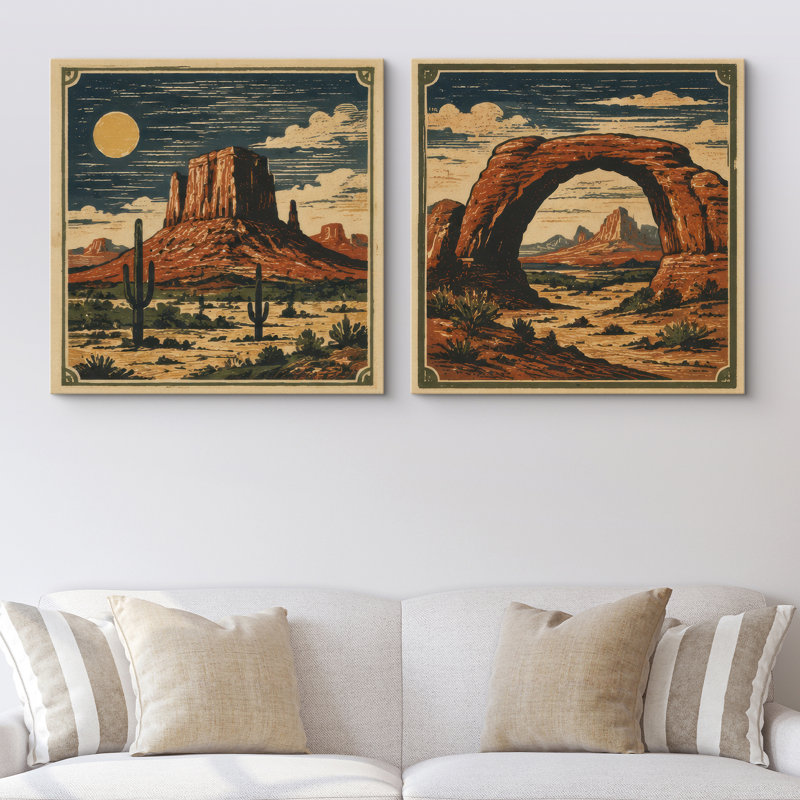 «Desert Mountain Arch and Canyon Landscape», reproduction d'art rétro sur toile encadrée de style sud-ouest, 2 pièces