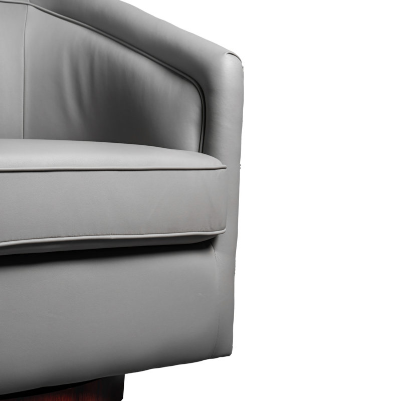 Traditional Club Style Upholstered Accent Chair with 360° Swivel Metal Base, Gray Faux Leather, Red Wood