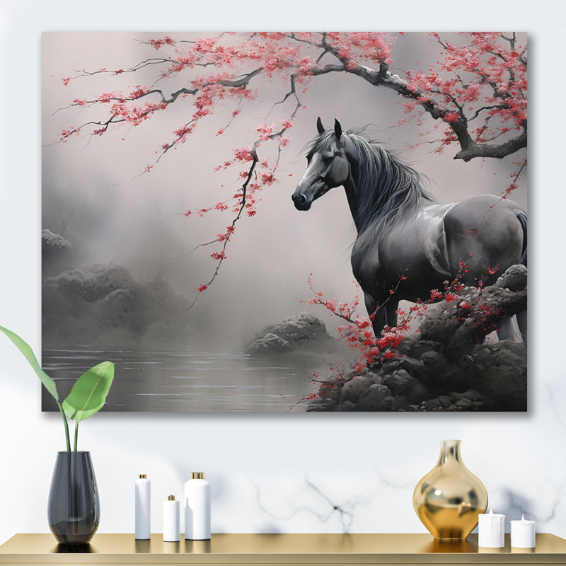 Art asiatique, cheval gris I - art mural cheval, H 30 po x l 40 po x P 1,5 po, Toile tendue