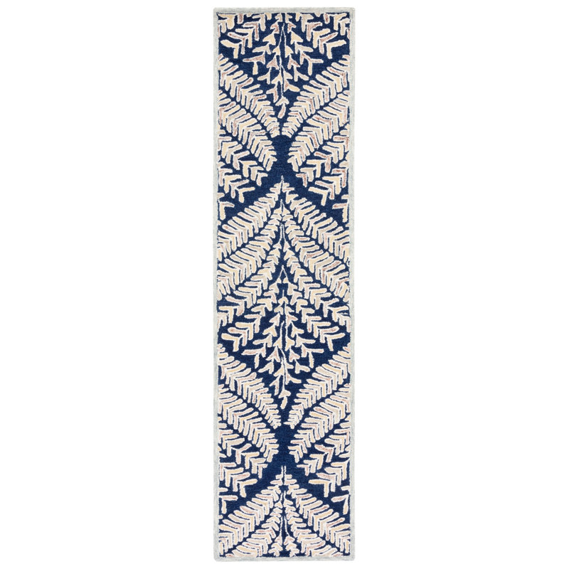 Arisdelsy Floral Handmade Tufted Wool Navy/Ivory Area Rug, Runner 2'3" x 13'