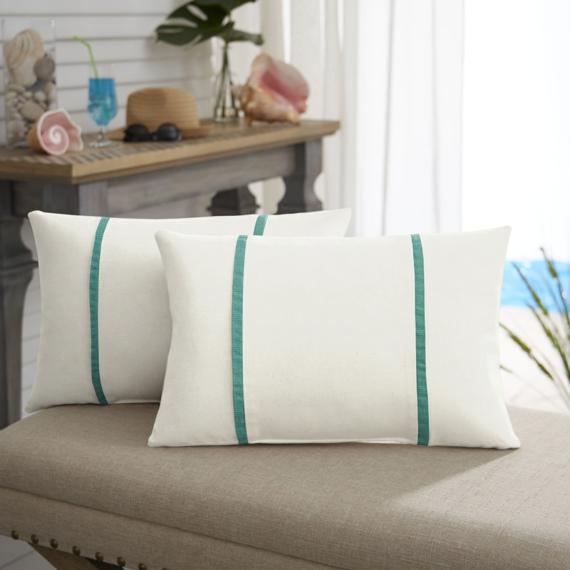 Furston Striped Outdoor Reversible Throw Pillow, White/Teal, 12" x 24"