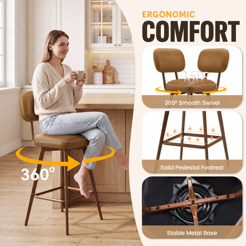 Swivel Upholstered Counter Stool with Metal Frame, Brown