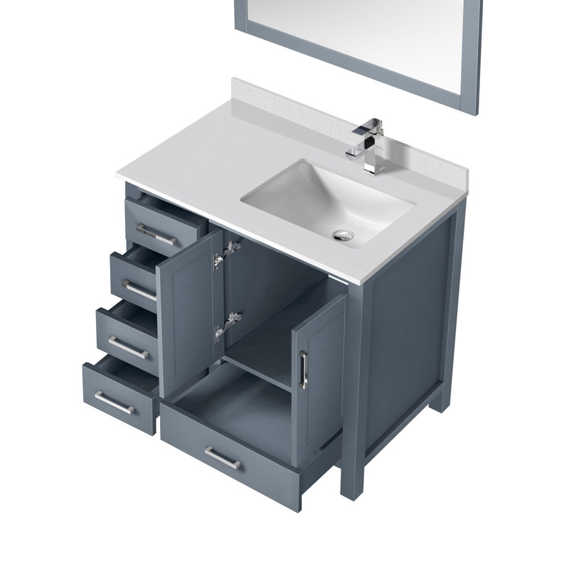 Jacques 36 in. W x 22 in. D Right Offset Bath Vanity, Faucet Set, & 34 in. Mirror, Dark Grey, White Quartz