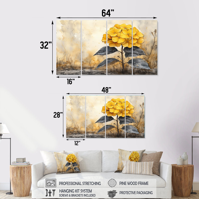 Jaune hydrangée jaune II - hydrangées - Art mural - décoration murale traditionnelle, 4, H 28 po x l 48 po