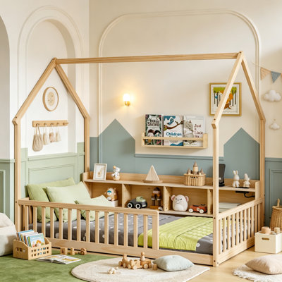 Lit en bois Montessori avec lumières DEL et tablette de rangement pour la transition, lit bas pour enfants avec station de charge et cadre de toit pour garçons et filles, taille simple, naturel