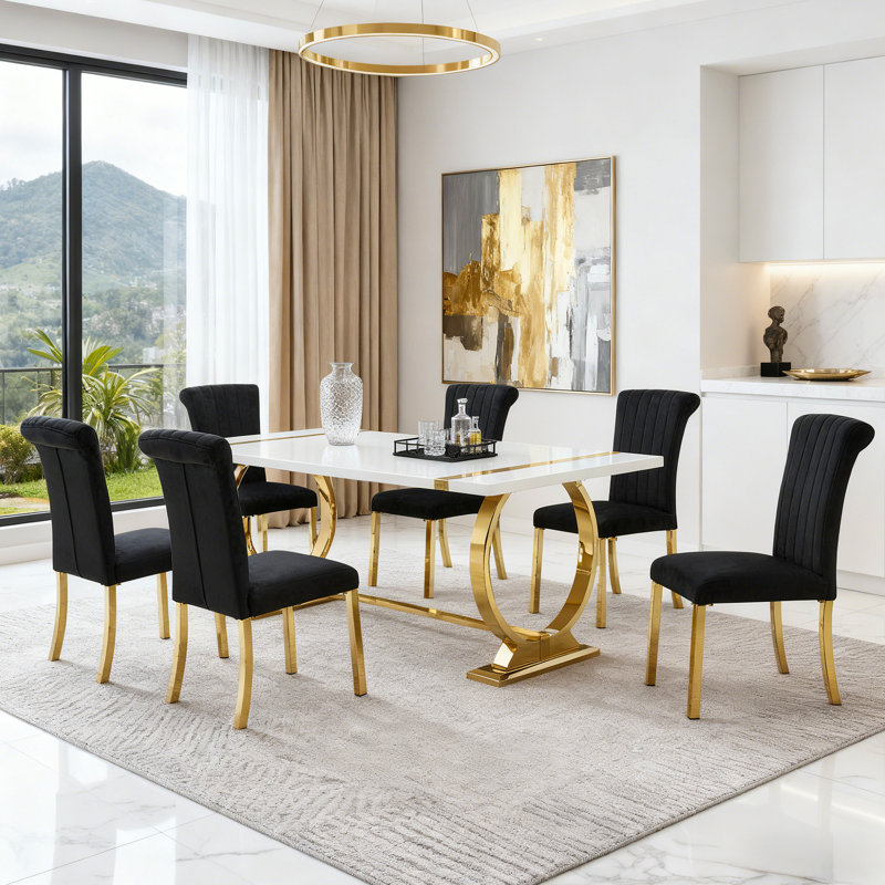 Modern 7-Piece 80"W Rectangular Dining Tabel Set for Kitchen Dining Room, Black/Gold, Gold