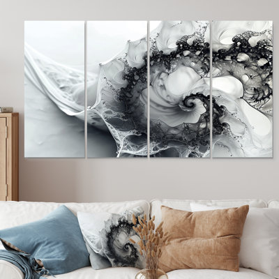 Fractale en spirale noire et blanche - art mural abstrait en spirale pour le salon, 4 pièces