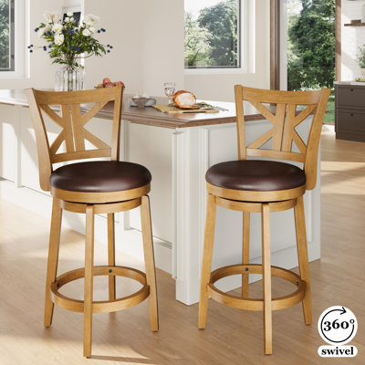 26" Swivel Upholstered Counter Stool with Solid Wood Frame & Faux Leather Seat for Kitchen (Set of 2)