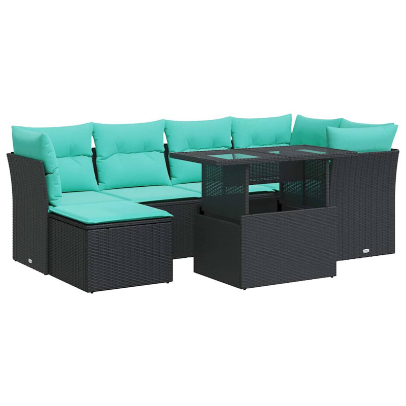  7 Piece Patio Sofa Set With Cushions Poly Rattan Acacia, Black, Green