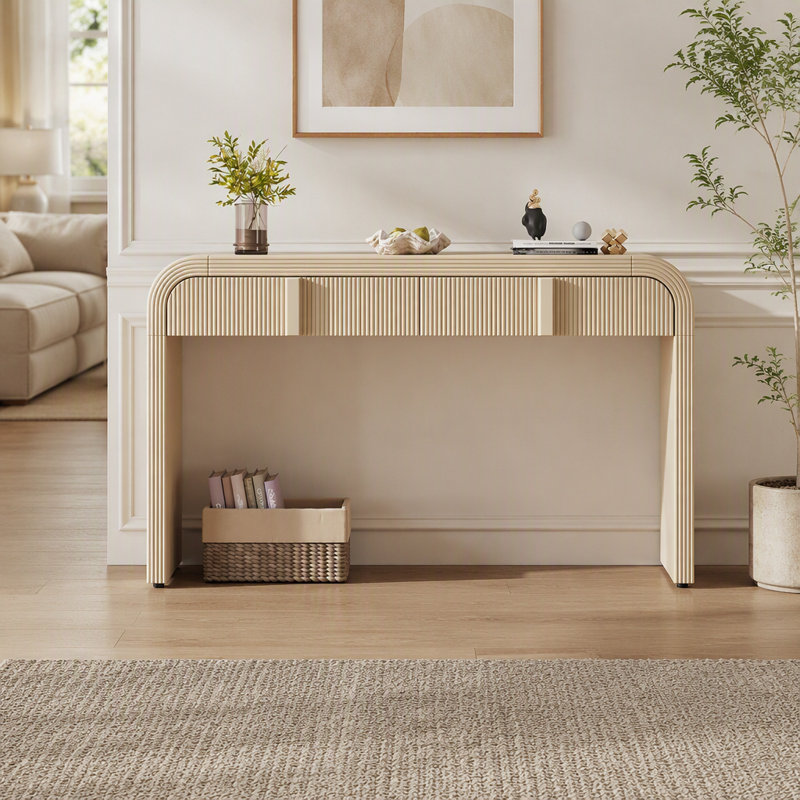 Console moderne avec 2 tiroirs de rangement, table d'entrée cannelée à silhouette arrondie pour le couloir et le salon (crème abricot)
