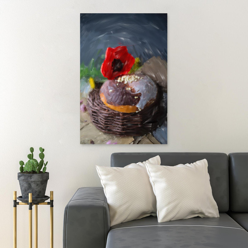 Chocolate Cake With Red Rose On Top - 1 Piece Rectangle Graphic Art Print On Wrapped Canvas, 14" H x 11" W