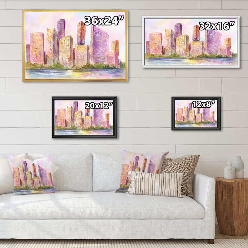 Metropolis City at Sunset - Peinture sur toile encadrée, H 12 po x l 20 po x P 1 po, Cadre flottant blanc