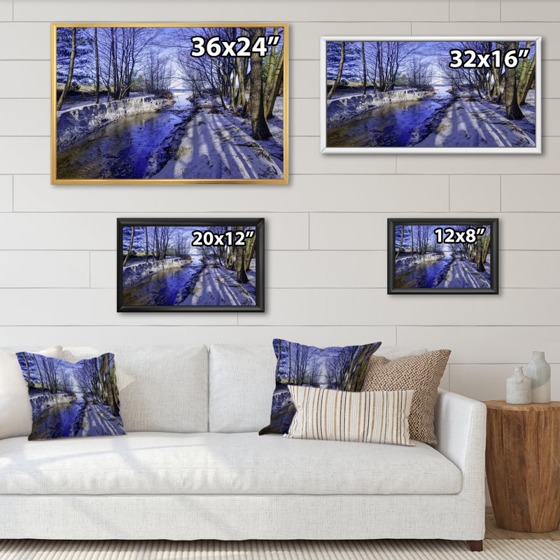 «Forest River In Winter Scenery», reproduction sur toile flottante, H 12 po x l 20 po x P 1 po, Cadre flottant noir