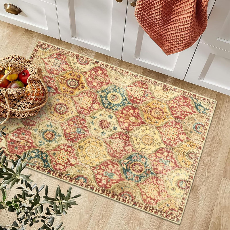 Moroccan Trellis Washable Rug, 2X3 Bathroom Rugs For Kitchen Entryway, Non-Slip Indoor Door Mat Ultra-Thin, Small Oriental Throw Carpet For Bedroom Entry, Red/Orange