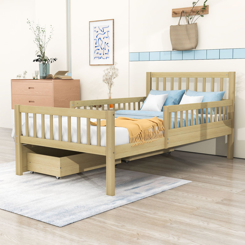 Lit plateforme en bois avec garde-corps et deux tiroirs, Lit simple