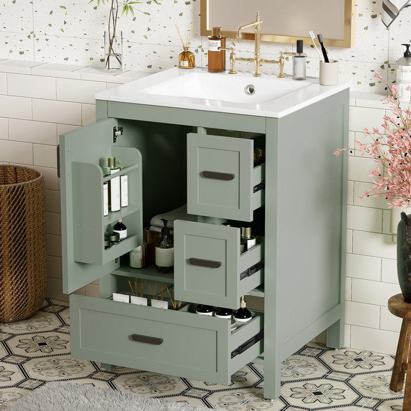 Meuble-lavabo moderne de 24 po avec lavabo en céramique, configuration de tiroir fonctionnelle et charnières à fermeture en douceur, finition raffinée