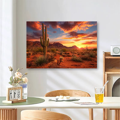 Arizona Desert Cactus Vibrant Sunset Scenery, Large Gallery Wrapped Canvas Wall Art Print For Living Room Bedroom