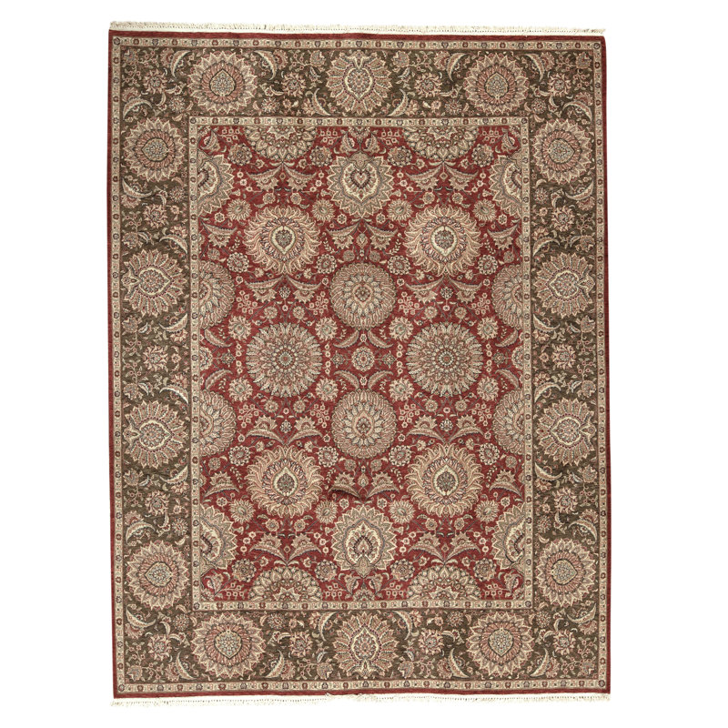 Tapis rouille et vert clair de haute qualité noué à la main