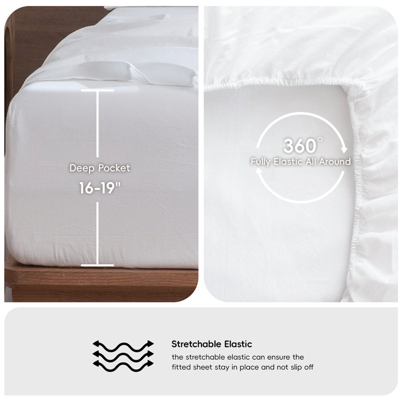 100% Washed Cotton Sheet Set Extra Deep Pocket Linen Like Textured, King Sheet Set with 2 Pillowcases, Bright White