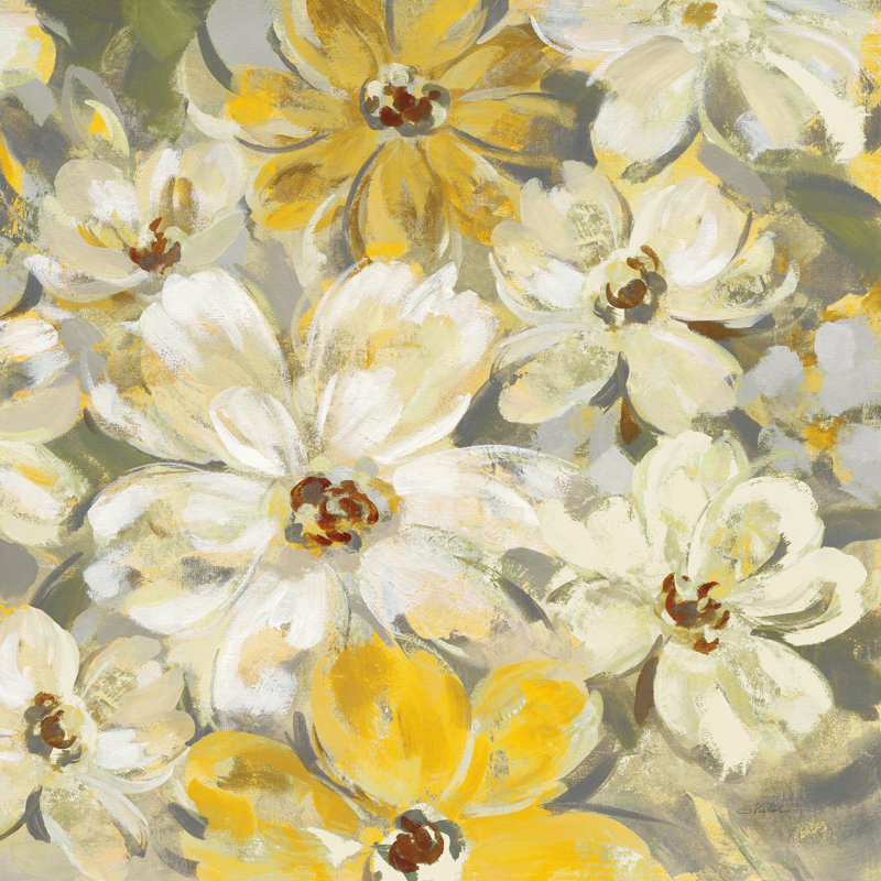 Scattered Spring Petals Yellow Gray Crop - Wrapped Canvas Painting, 30cm H x 30cm W