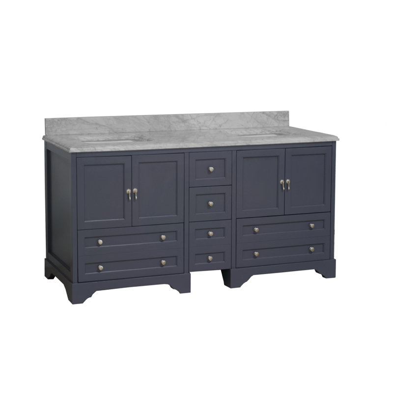 Meuble-lavabo double 72 po avec comptoir en marbre de Carrare gris Ariel, Gris marine