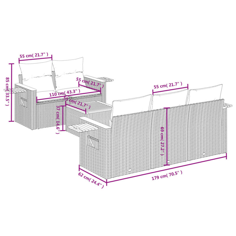  Ensemble de canapé de patio 6 pièces avec coussins en rotin de polyester noir