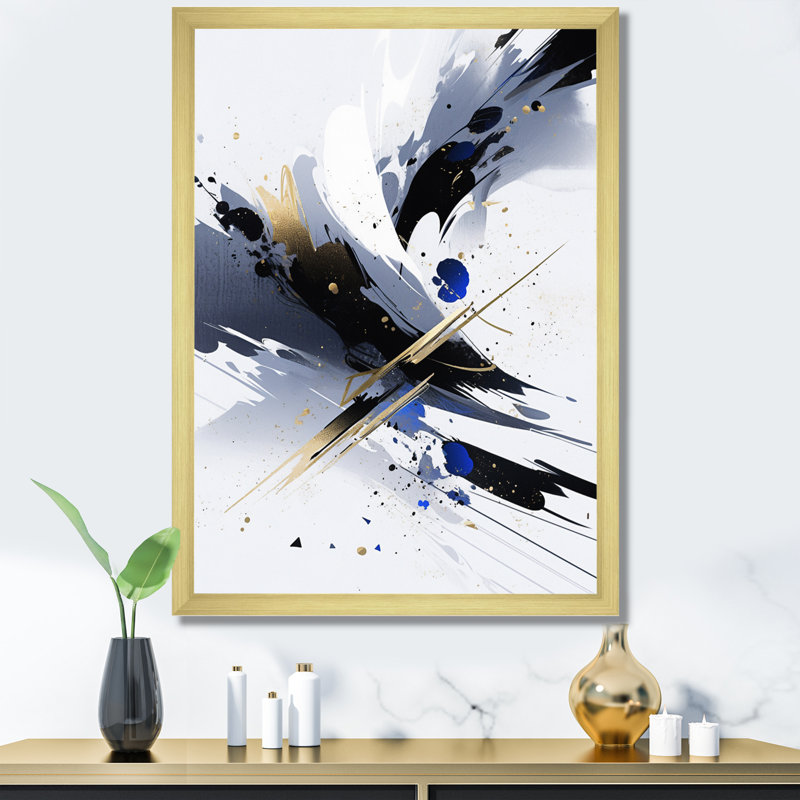 Symphonie cubiste noire et bleue sur toile, Encadrement doré, H 40 po x l 30 po x P 1,5 po