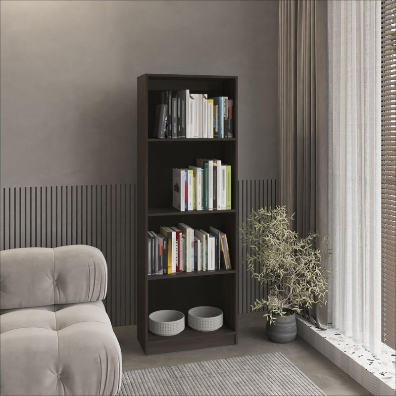 Grande bibliothèque verticale ouverte à 4 tablettes, étagère de rangement ouverte peu encombrante, présentoir en panneau de fibres à densité moyenne pour un usage domestique